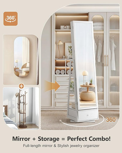 Nicetree 360° Swivel LED Jewelry Cabinet, Full-Length Mirror, Grain White