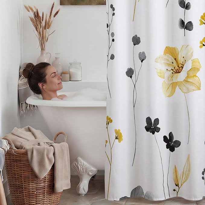 No Hook Floral Shower Curtain with Liner, Yellow Gray, 71x77 | Snap in Liner, 3 in 1, Water Repellent, Easy Install, Machine Washable, Hotel Style for Bathroom, Watercolor Pattern