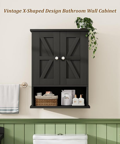 15" W x 19.7" H Black Medicine Cabinet with 2 Barn Doors, Small Farmhouse Bathroom Wall Cabinet with Adjustable Shelf, Wooden Over the Toilet Storage Cabinet for Kitchen, Laundry, Entryway