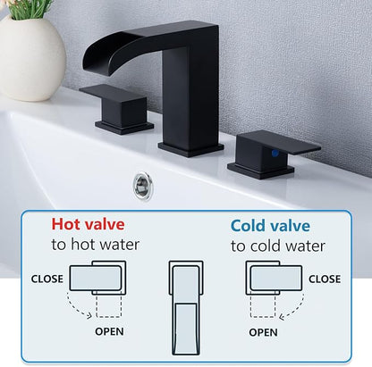 Black Bathroom Faucet 3 Hole, 8 Inch Widespread Waterfall Bathroom Sink Faucet, Matte Black Vanity Faucet with Pop-Up Drain and Hoses for Bathroom Sink Vanity Rv