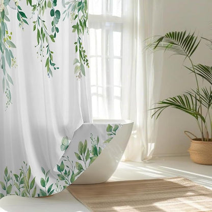 Light Green Floral Eucalyptus Shower Curtain with Hooks, 72x84 Inch | Waterproof Fabric, Watercolor Leaves and Floral, Botanical Style, Machine Washable, Quick-Drying, for Hotel Bathroom
