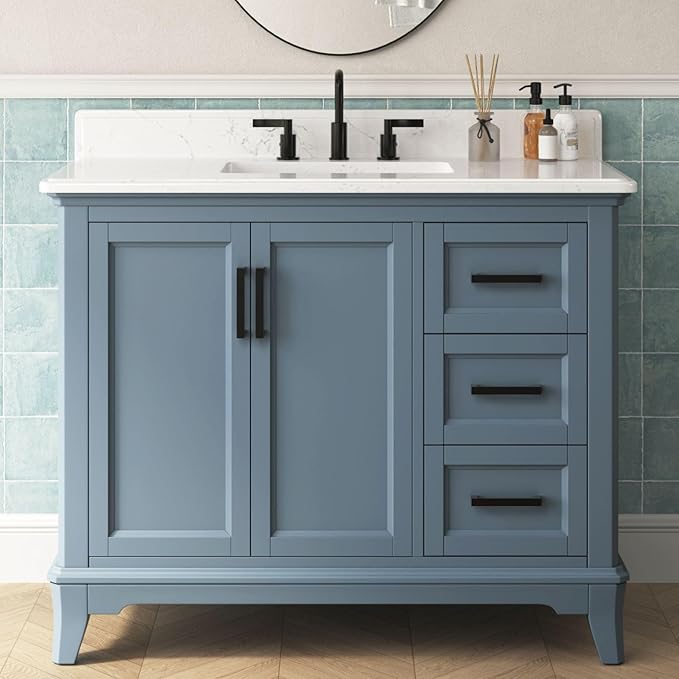 42 Inch Bathroom Vanity with Sink, Single Sink Bathroom Vanity with Adjustable Feet, Solid Wooden Frame Bathroom Sink Cabinet with Soft Closing Doors & Dovetail Drawers, Steel Blue