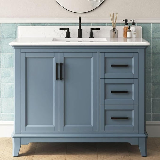 42 Inch Bathroom Vanity with Sink, Single Sink Bathroom Vanity with Adjustable Feet, Solid Wooden Frame Bathroom Sink Cabinet with Soft Closing Doors & Dovetail Drawers, Steel Blue