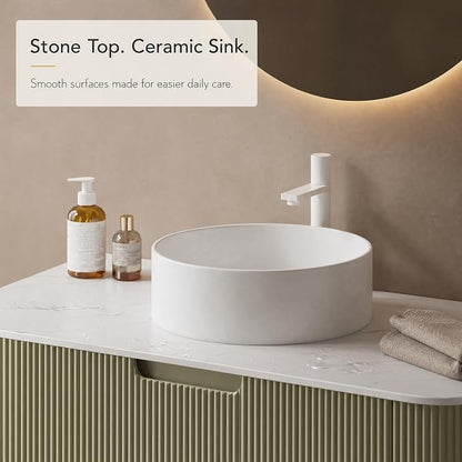 36 Inch Bathroom Vanity with Sink, Floating Wall Mounted Single Sink Vanity, Sage Green Curved Fluted Front, Stone Top, Pure White Round Vessel Basin, Pre-Assembled