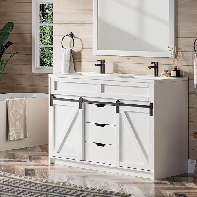 48 Inch Bathroom Vanity with Double Sink Combo, Farmhouse Bathroom Cabinet Set with Sliding Barn Door & 3 Drawers, Freestanding Bath Vanities, White