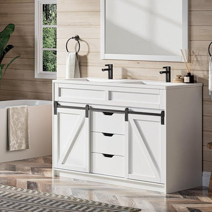 48 Inch Bathroom Vanity with Double Sink Combo, Farmhouse Bathroom Cabinet Set with Sliding Barn Door & 3 Drawers, Freestanding Bath Vanities, White