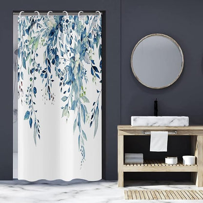 Blue Eucalyptus Shower Curtain, Watercolor Blue Leaves on The Top Plant with Floral Bathroom Curtain Bathtub Home Decor Waterproof Fabric Machine Washable with Hooks
