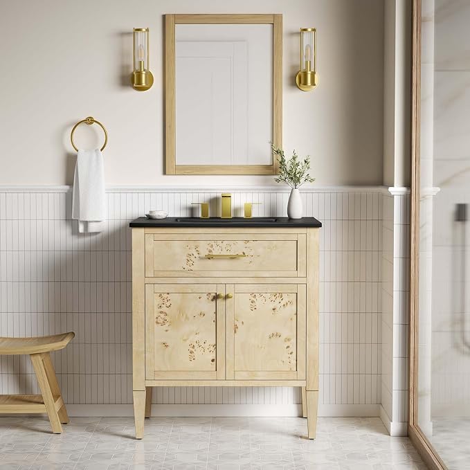 Modway Elysian 30" Wood Bathroom Vanity in Black Burl with Ceramic Sink Basin