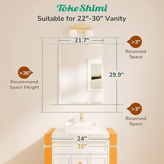 TokeShimi 22x30 Bathroom Vanity Mirror Beveled Rectangle, Frameless Mirror Bathroom with 1" Beveled Edge, Shatterproof Modern Decorative Wall Mirrored for Living Room, Entryway, Bedroom