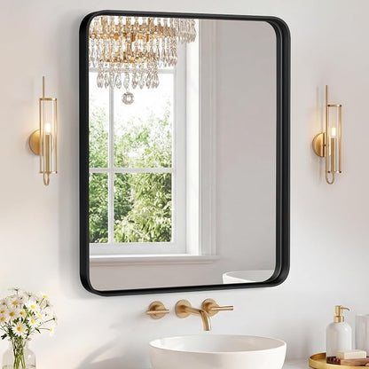 Sweetcrispy Bathroom Mirror 36x30 Inch, Vanity Mirror for Wall | Metal Framed Rounded Rectangle, Over Sink, Farmhouse, Restroom, Anti-Rust, Horizontal or Vertical Hanging, Black