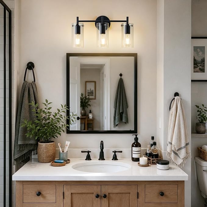 Indoi Bathroom Light Fixtures, 3-Light Matte Black Vanity Light, Black Bathroom Lights Over Mirror with Clear Glass Shade, Wall Sconces for Mirror Bedroom Living Room Hallway