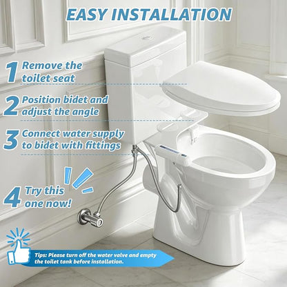 Huttdmel Ultra-Slim Bidet Attachment for Toilet, Non-Electric Dual Nozzle (Rear & Feminine Wash), Adjustable Fresh Cold Water Pressure, Stainless Steel Inlet, Easy to Install(Blue & White)