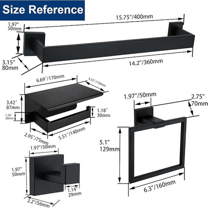 5 Pieces Bathroom Hardware Accessories Set Matte Black, 16Inch Square Towel Racks Set for Bathroom, SUS304 Stainless Steel Towel Bar Set, Toilet Paper Holder with Shelf Wall Mounted