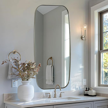 Brushed Nickel Bathroom Mirror, 24x48 Oblong Mirror with Stainless Steel Metal Frame, Silver Oval Vanity Mirror for Over Sink, Modern Anti Rust Wall Mounted