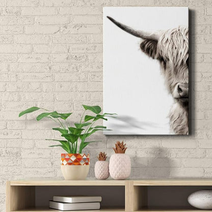 Renditions Gallery Animal Canvas Wall Art Modern Paintings & Prints Decor Vintage Highland Cattle Canvas Black & White Wall Hanging Artwork for Bedroom Living Room Office - 8"x12" LT02