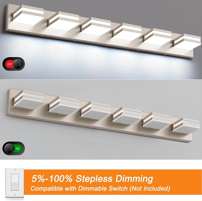 Bathroom Lights Fixtures Over Mirror, 360°Rotate Modern LED Vanity Lights for Bathroom, 48W Dimmable & High CRI Acrylic Wall Lighting, No Assembly Required (Brushed Nickel, 6-Light, 36 Inch)