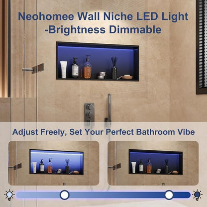 RGB LED Light Shower Niche, Matte Black 30X12 in Stainless Steel Wall Niche with Remote Control, Waterproof No Tile Needed Wall Niche for Bathroom Storage Built-in Installation