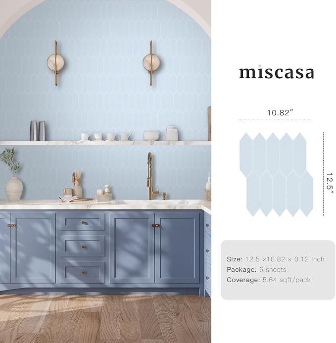 Sky Blue Peel and Stick Backsplash Tile, Long Hexagon Self-Adhesive Faux Matte Ceramic Wall Stick for Kitchen and Bathroom, 6 Sheets