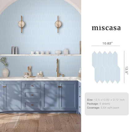 Sky Blue Peel and Stick Backsplash Tile, Long Hexagon Self-Adhesive Faux Matte Ceramic Wall Stick for Kitchen and Bathroom, 6 Sheets
