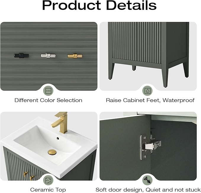 Vanity Art 24 inch Bathroom Vanity with Single Sink & Ceramic Top, Vanity Cabinet with Soft-Closing Door, Solid Wood Frame, Linear Pattern, Vintage Green, Golden Brushed Handware VA9124-VG-GB