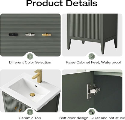 Vanity Art 24 inch Bathroom Vanity with Single Sink & Ceramic Top, Vanity Cabinet with Soft-Closing Door, Solid Wood Frame, Linear Pattern, Vintage Green, Golden Brushed Handware VA9124-VG-GB