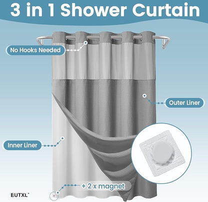 EUTXL 256GSM Heavyweight Waffle Weave Shower Curtain with Snap-in Liner, Extra Thick & Luxury Weighted Fabric Bath Curtain Set, 71W x 74H, Grey