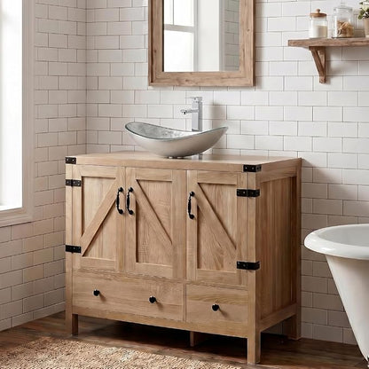 36 inch Natural Color Bathroom Vanity, Rustic Fixture Standing Pedestal Cabinet with Silver Boat Vessel Sink