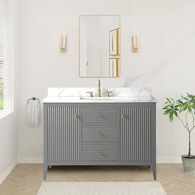 HOMEBEYOND 48" Bathroom Vanity with Sink, Solid Wood Bathroom Vanity Free-Standing Cabinet, Drawers, Ceramic Top & Soft Closing Door, Golden Brushed Handware, Cashmere Gray