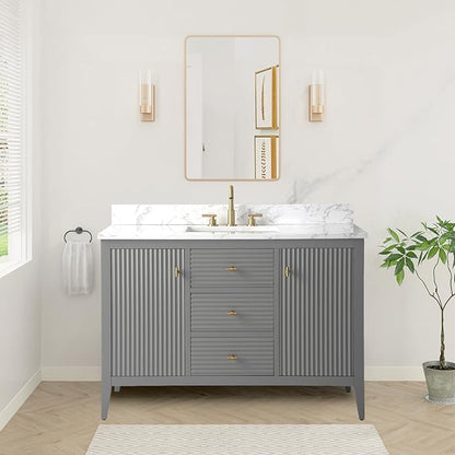 HOMEBEYOND 48" Bathroom Vanity with Sink, Solid Wood Bathroom Vanity Free-Standing Cabinet, Drawers, Ceramic Top & Soft Closing Door, Golden Brushed Handware, Cashmere Gray