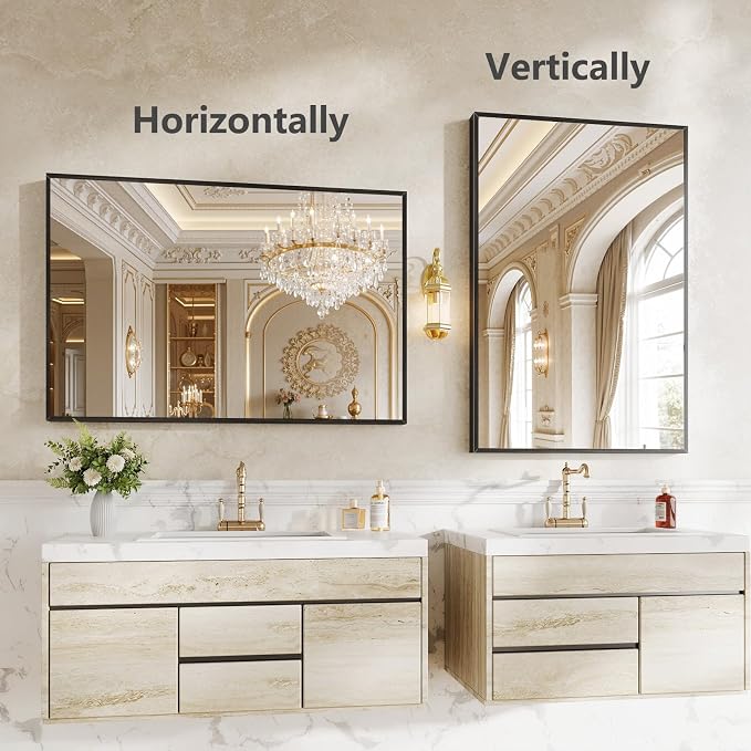 Koonmi Bathroom Mirror for Wall, 24"x36" Black Bathroom Mirror for Over Sink, Shatterproof Tempered Glass Vanity Mirror with Anti-Rust Aluminum Alloy Frame, Hang Horizontally or Vertically