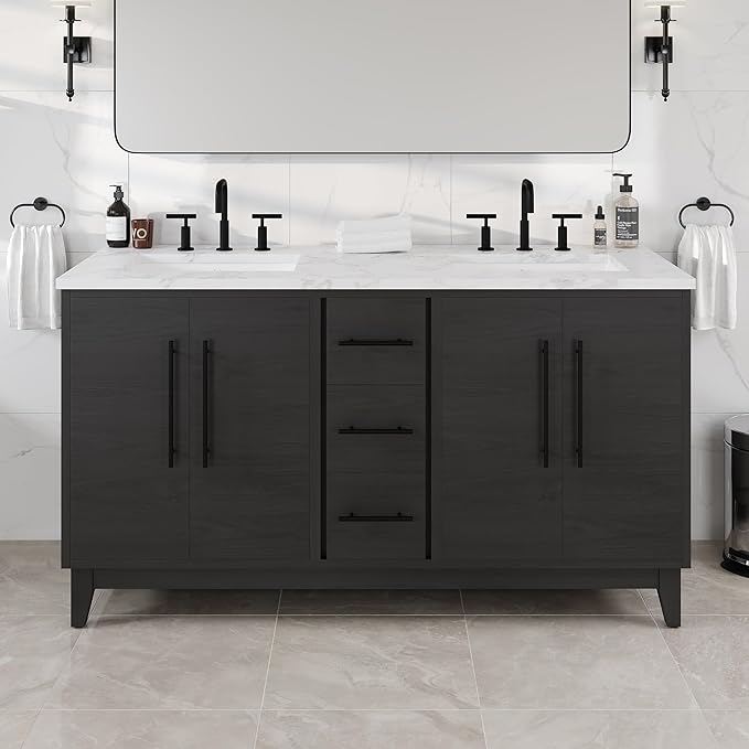 Graham 60 in. Blackwood Double Sink Bath Vanity with Arabescato Engineered Stone Top and Undermount Porcelain Sinks