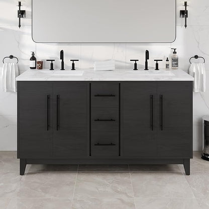 Graham 60 in. Blackwood Double Sink Bath Vanity with Arabescato Engineered Stone Top and Undermount Porcelain Sinks