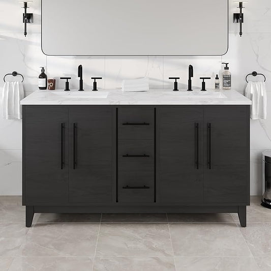 Graham 60 in. Blackwood Double Sink Bath Vanity with Arabescato Engineered Stone Top and Undermount Porcelain Sinks