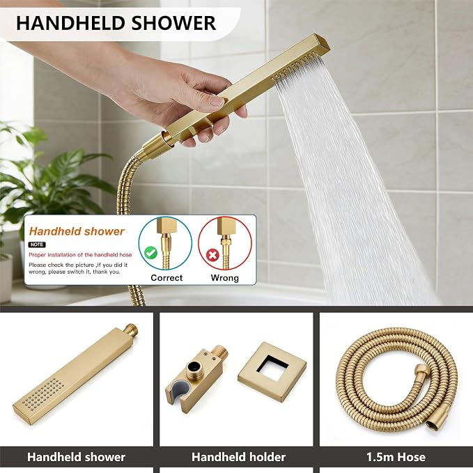 Midanya Shower System with Tub Spout,12 Inch Shower Head,Brushed Gold | with Valve & Trim Kit,Square Rain Head,Handheld Sprayer,Waterfall Spout,All Metal Wall Mount Bathroom Shower Tub Faucet Set