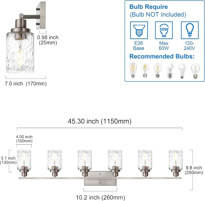 MELUCEE Bathroom Vanity Light Brushed Nickel with Clear Hammered Glass | 6-Light Industrial Wall Light Fixtures for Bath Mirror Bedroom Dressing Table (Patent No.: US D963914 S)