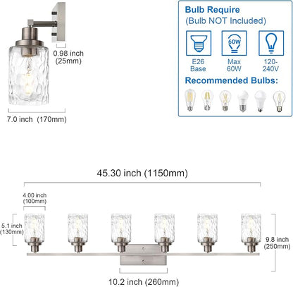 MELUCEE Bathroom Vanity Light Brushed Nickel with Clear Hammered Glass | 6-Light Industrial Wall Light Fixtures for Bath Mirror Bedroom Dressing Table (Patent No.: US D963914 S)