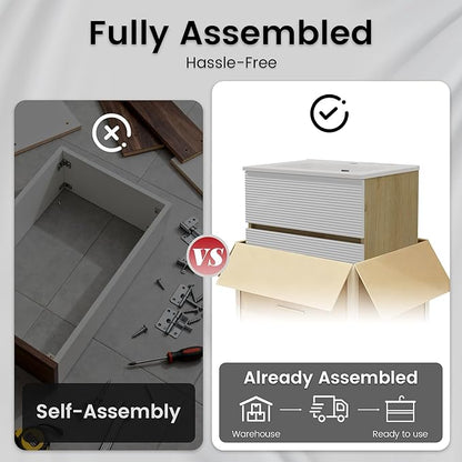 24'' Floating Bathroom with Sink Combo, Modern Bathroom Cabinet with 2-Soft Close & Large Storage Drawers, for Small Space, Apartment, Hotel, White and Natural (Already Assembled)