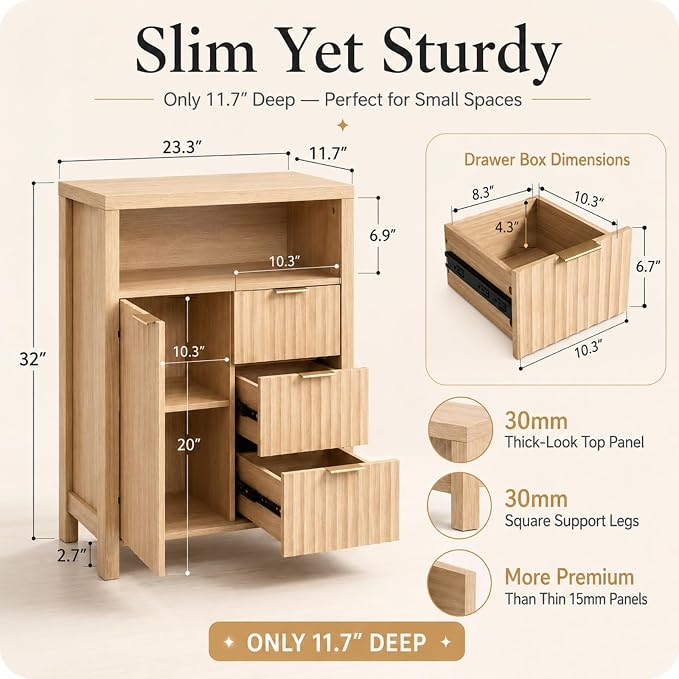 VINGLI Bathroom Storage Cabinet with 3 Drawers & Door, Slim Freestanding Floor Cabinet Organizer for Small Spaces, 30mm Thick-Look Top & Legs, Adjustable Shelf, Modern Fluted Cabinet, Natural Oak