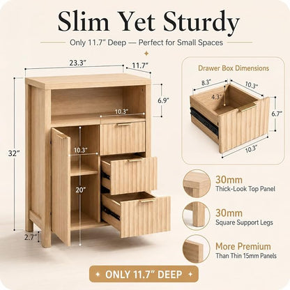 VINGLI Bathroom Storage Cabinet with 3 Drawers & Door, Slim Freestanding Floor Cabinet Organizer for Small Spaces, 30mm Thick-Look Top & Legs, Adjustable Shelf, Modern Fluted Cabinet, Natural Oak