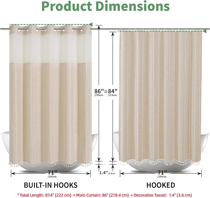eachope No Hook Extra Long Shower Curtain Set with Snap-in Liner,Linen Textured Thick Striped Fabric with Tassels,Boho Chic Modern Farmhouse Bathroom Curtain,Water-Repellent,Cream/Beige,71x86 | 330GSM Thick Linen Textured Striped Fabric with Tassels,Sn...
