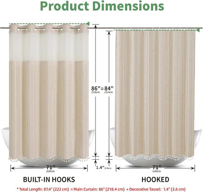 eachope No Hook Extra Long Shower Curtain Set with Snap-in Liner,Linen Textured Thick Striped Fabric with Tassels,Boho Chic Modern Farmhouse Bathroom Curtain,Water-Repellent,Cream/Beige,71x86 | 330GSM Thick Linen Textured Striped Fabric with Tassels,Sn...