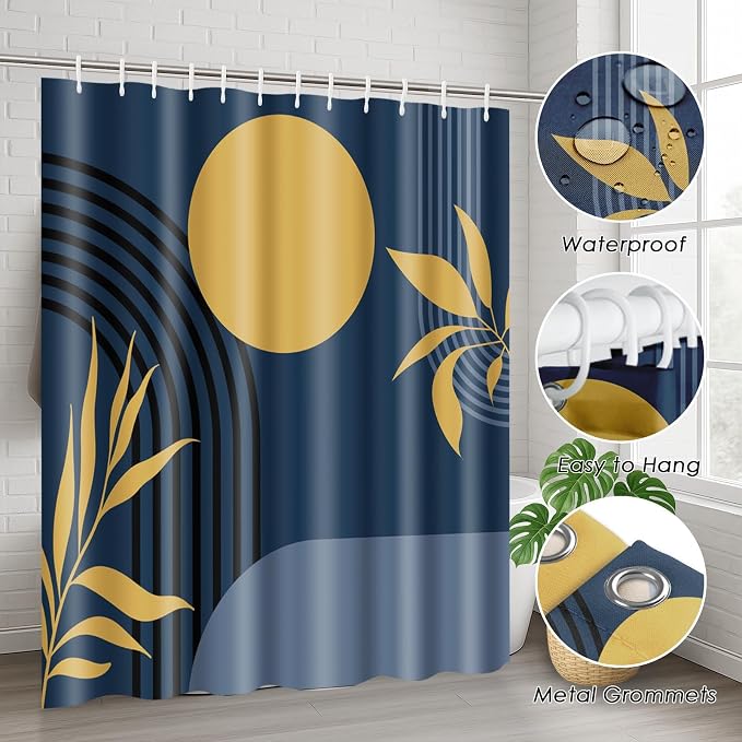 Boho Bathroom Sets with Shower Curtain and Rugs, 4 Pcs, Abstract | Geometric Minimalist Modern Bathroom Decor Set with Toilet Lid Cover, Non-Slip Bath Mats and Accessories 12 Hooks