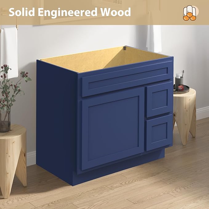 Vanity Art 36 Inch Single Shutter Door Bathroom Vanity Base Cabinet with 2 Functioning Shaker Drawers, Strudy Floor Mount Storage Cabinet Organizer for Bedroom, Living Room, Kitchen, VA4036-2RBLUE