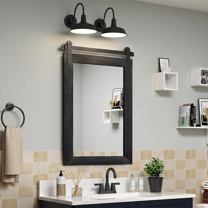 COGOOD Farmhouse Bathroom Mirrors for Over Sink - 38 x 25 Black | Rustic Barn Door Wood Framed Vanity Mirror for Entryway, Living Room, Bedroom, Dresser Wall Decor