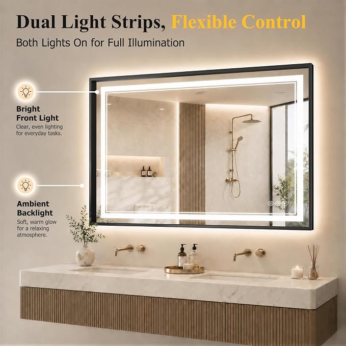 30"x48" LED Bathroom Mirror with Lights, Backlit + Front Lit, Anti-Fog | Lighted Bathroom Mirror with One-Piece Aluminum Alloy Frame, HD Shatterproof Tempered Glass, Dimmable, Memory Function