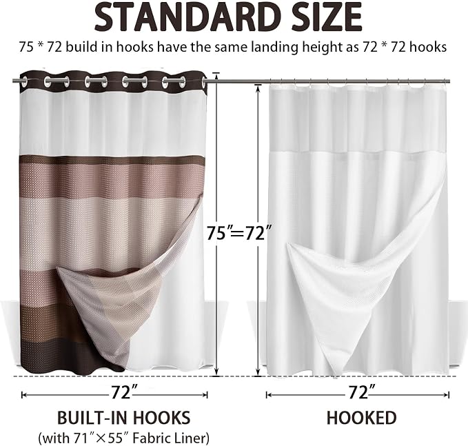 No Hook Shower Curtain with Liner Set Hotel Waffle Brown Striped 72W X 75L | Washable Snap in Fabric Liner, Mesh Top Window, Waffle Hotel Style Shower Curtain Set