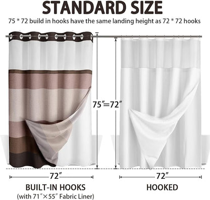 No Hook Shower Curtain with Liner Set Hotel Waffle Brown Striped 72W X 75L | Washable Snap in Fabric Liner, Mesh Top Window, Waffle Hotel Style Shower Curtain Set