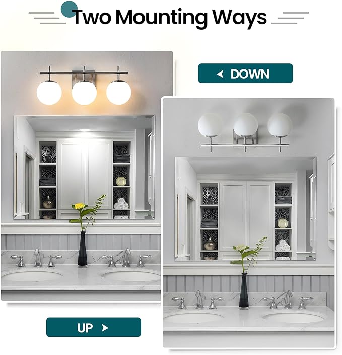 Bathroom Light Fixtures over Mirror, 3-Light Brushed Nickel Vanity Lights for Bathroom, Mid-Century Modern Vanity Light with Milky White Globe Glass Shades, 22.4 Inch Sconces Wall Lighting for Bath