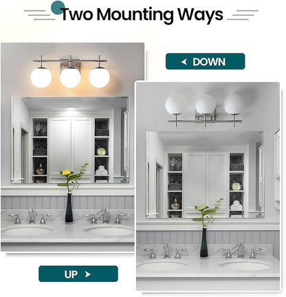 Bathroom Light Fixtures over Mirror, 3-Light Brushed Nickel Vanity Lights for Bathroom, Mid-Century Modern Vanity Light with Milky White Globe Glass Shades, 22.4 Inch Sconces Wall Lighting for Bath