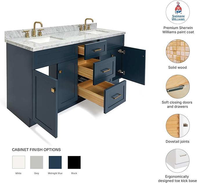 DKB Bradford 72 Inch Bathroom Vanity Double Sink — Midnight Blue Bathroom Vanity with Sink, 1.5" Edge Italian Carrara Marble Countertop & Backsplash, 4 Soft-Close Doors, and 3 Dovetail Drawers